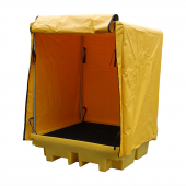 The 4 Drum Soft Cover Spill Pallet features a heavy duty frame and cover to protect the contents inside and comes complete with frame, cover and roll up door, the 4 Drum Soft Cover Spill Pallet covers can be rolled up