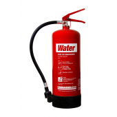 a 6 litre water fire extinguisher, vibrant red body with white text describing the types of fires it can extinguish with instructions on how to operate it with red squeeze grip control handles