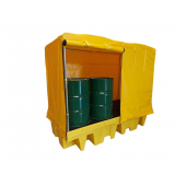 The 8 Drum Soft Cover Storage Spill Pallet features a heavy duty frame and cover to protect the contents inside and comes complete with frame, cover and roll up door, covers can be rolled up and held in place with ties