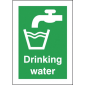 Drinking water signs featuring a white pictogram tap dispensing water into a white pictogram glass with the text "Drinking water"