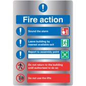 Fire Action Deluxe Silver Looking Effect Signs are fire evacuation message signs manufactured from polyester material but provides a silver looking finish used for showing the occupants of specific fire actions to take in the event of a fire, the silver e