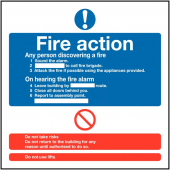 Fire Action Standard Information Signs are fire prevention action plan message signs which is used for being displayed around premises to provide a series of actions that need to be carried out upon the discovery of a fire
