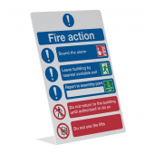 Fire Action Tabletop Signs are used for free-standing on tables to clearly show the occupants of the specific actions they must take in the event of a fire by conveying pictograms and text which ensures instant and clear understanding of the actions to ta