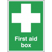 First Aid Box Signs are used for highlighting to others the locations of the first aid boxes, first aid box signs feature a pictogram symbol of a white first aid cross and conveys the message "First aid box" to clearly highlight first aid boxes