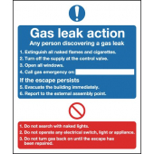 Gas Leak Action Notice Sign is a mandatory message sign used for displaying around premises including the common areas of residential areas to provide vital information of what actions people must take upon discovery of a gas leak
