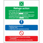 Refuge Action Multi Message Notice Signs are used for clearly identifying and highlighting the locations of the refuge points by using pictograms and text to ensure clear understanding to others the locations of the refuge points