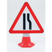 Road Narrow At Right Ahead Traffic Sign For Traffic Cone