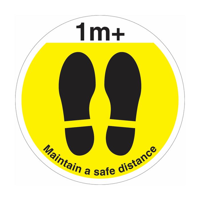 Yellow 1m+ Maintain A Safe Distance Floor Signs