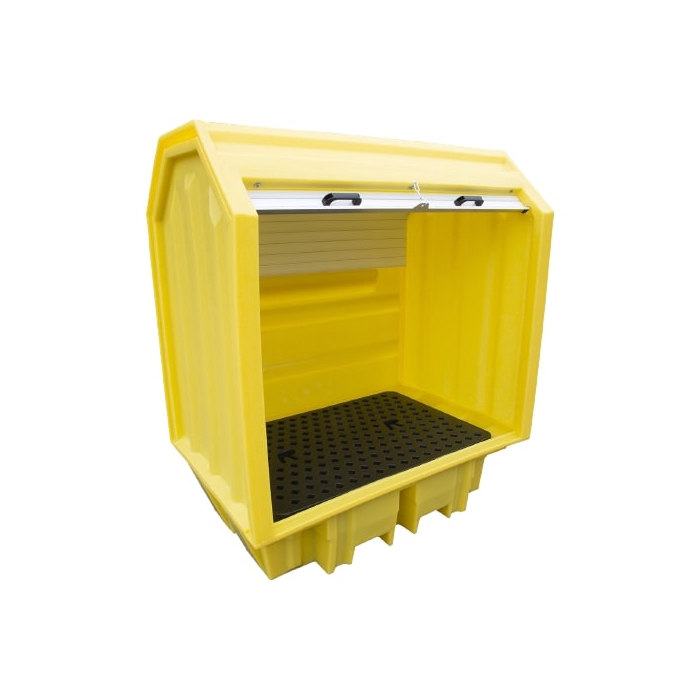 The 2 Drum Hard Cover Spill Pallet is the ideal solution for the safe, secure outdoor storage for your hazardous materials stored in drums, fitted with a roller shutter door which has a central lock and 2 handles for easy opening and closing