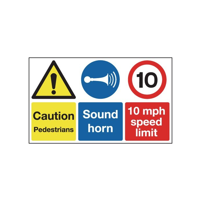 Caution Pedestrians Sound Horn 10 mph Sign