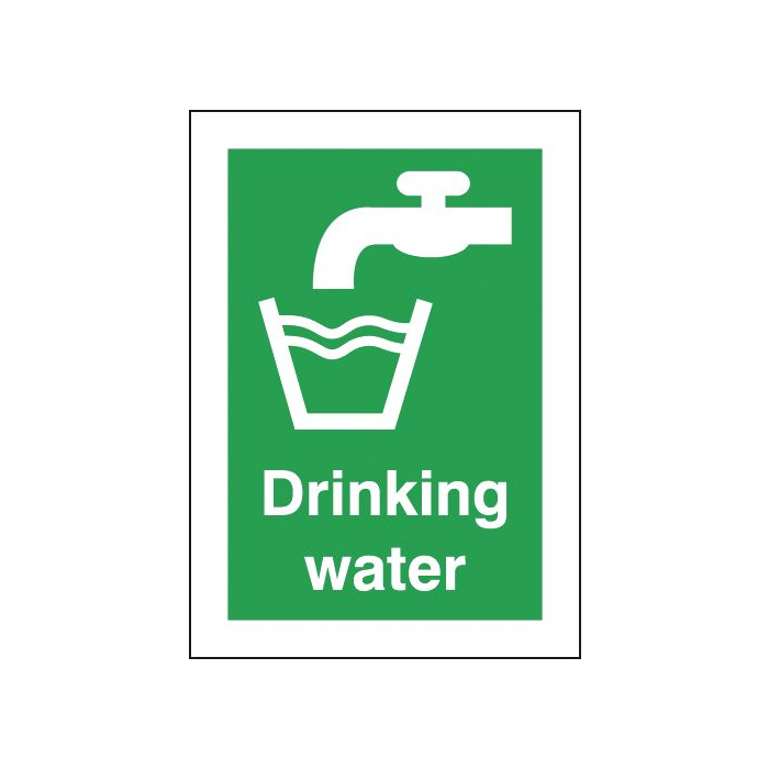 Drinking water signs featuring a white pictogram tap dispensing water into a white pictogram glass with the text 
