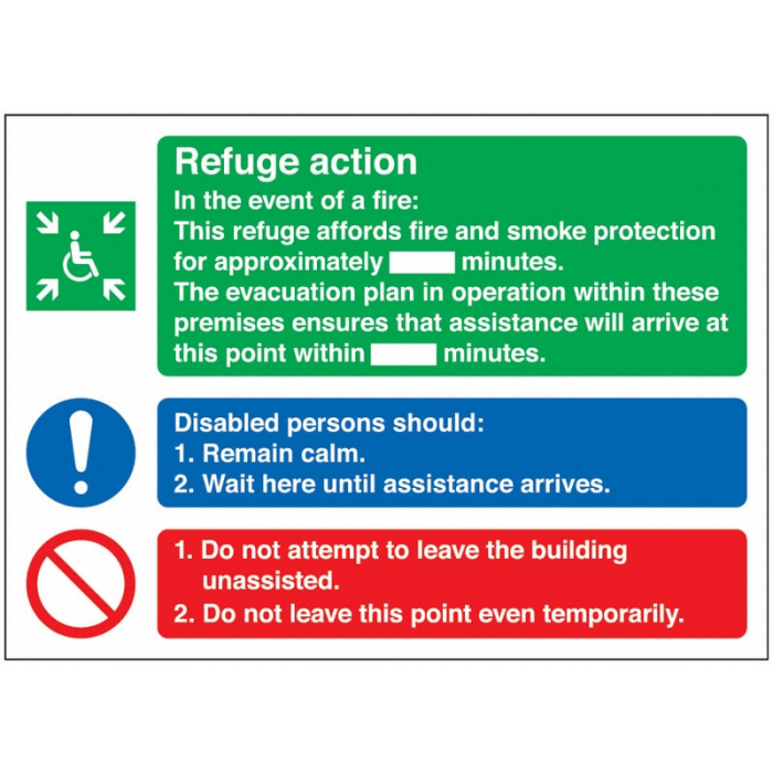 Evacuation For Disabled People Refuge Action Notice Signs are used to show the disabled and wheelchair users the safe locations of the fire protected areas they must wait until being rescued by the emergency services by using pictograms and text for clear
