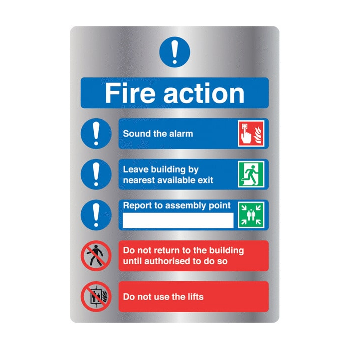 Fire Action Deluxe Silver Looking Effect Signs are fire evacuation message signs manufactured from polyester material but provides a silver looking finish used for showing the occupants of specific fire actions to take in the event of a fire, the silver e