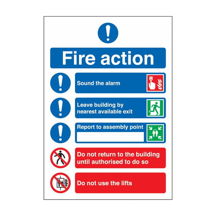 Fire Action Notice Symbolised Sign, a mandatory message sign used for guiding people with information of actions to take upon discovering a fire or upon hearing the fire alarm