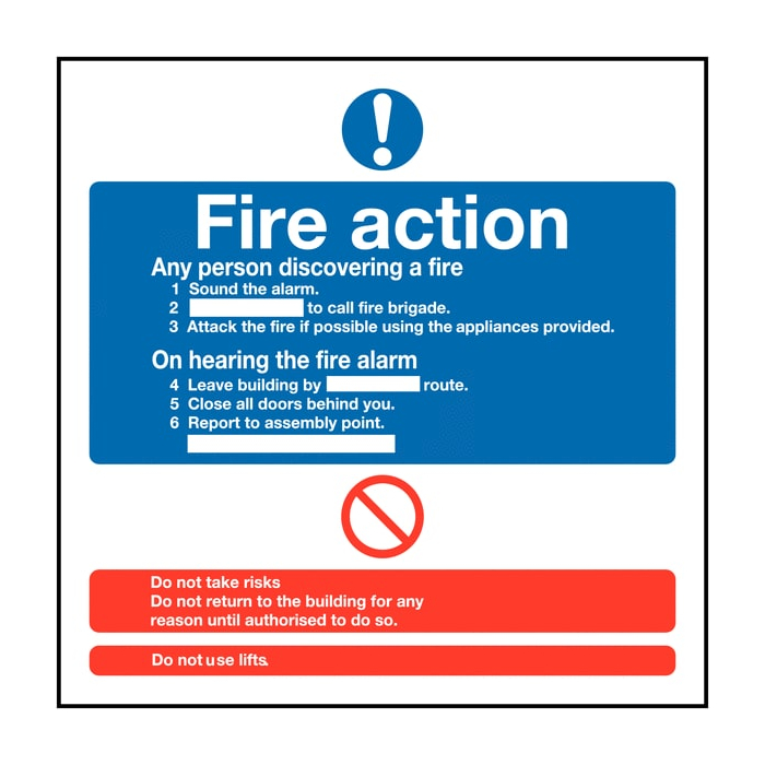 Fire Action Standard Information Signs are fire prevention action plan message signs which is used for being displayed around premises to provide a series of actions that need to be carried out upon the discovery of a fire