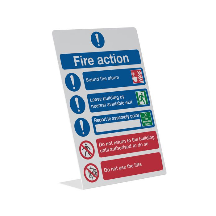 Fire Action Tabletop Signs are used for free-standing on tables to clearly show the occupants of the specific actions they must take in the event of a fire by conveying pictograms and text which ensures instant and clear understanding of the actions to ta