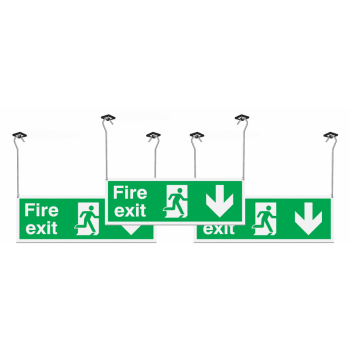 Fire Exit Running Man And Arrow Down Hanging Signs 3 Pack