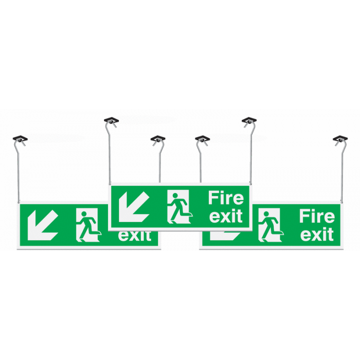 Fire Exit Arrow Diagonal Down Left Hanging Signs 3 Pack