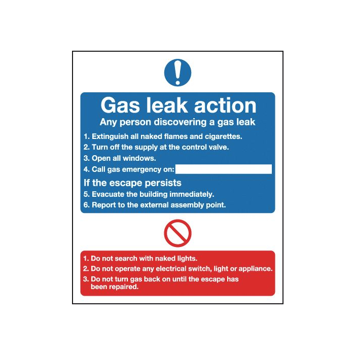 Gas Leak Action Notice Sign is a mandatory message sign used for displaying around premises including the common areas of residential areas to provide vital information of what actions people must take upon discovery of a gas leak