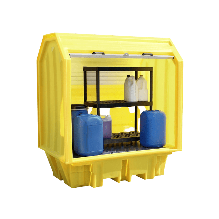 The Hard Cover Spill Pallet With Shelf is the ideal solution for the safe, secure outdoor storage for your hazardous materials stored in drums or containers and supplied with a shelf allowing you to store more containers