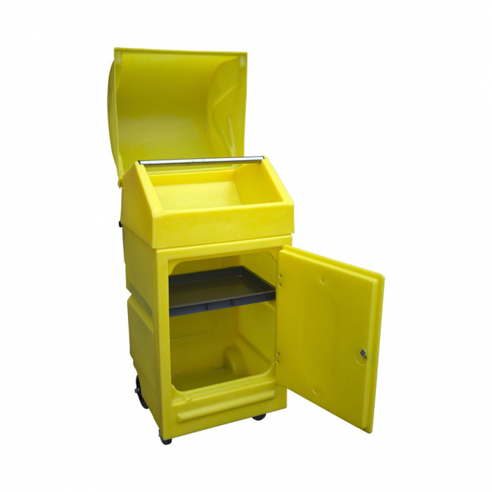The Large Mobile Spill Response Cart is manufactured from polyethylene and can be used to store spill response equipment for responding to spills, features a removable shelf, an 8 litre built in sump, lockable door and a roll dispenser