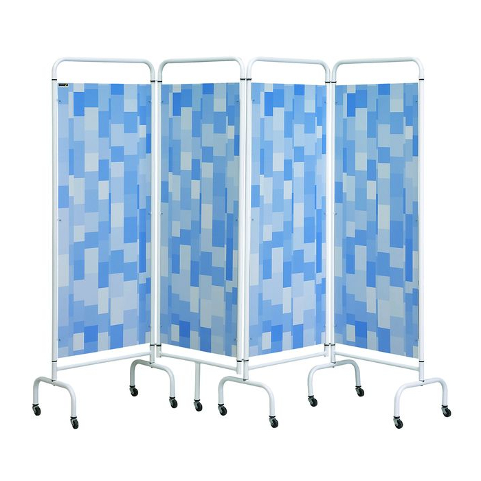 Mobile Folding Medical Screen In Blue Patchwork Design
