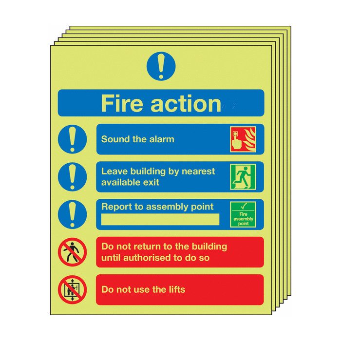 6-Pack Nite-Glo Photoluminescent Fire Action Signs