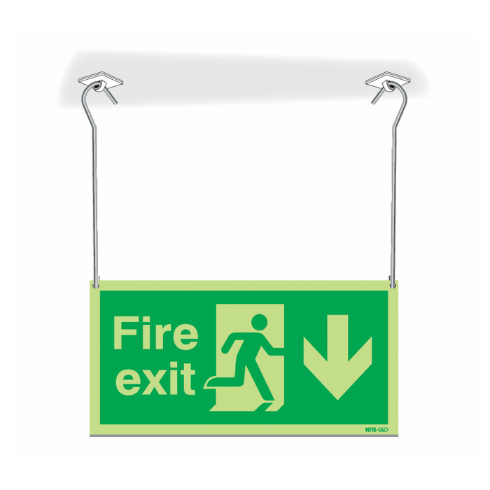 Photoluminescent Fire Exit Running Man Arrow Down Hanging Signs