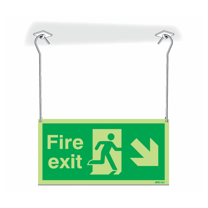 Photoluminescent Fire Exit Running Man Arrow Down Right Hanging Signs