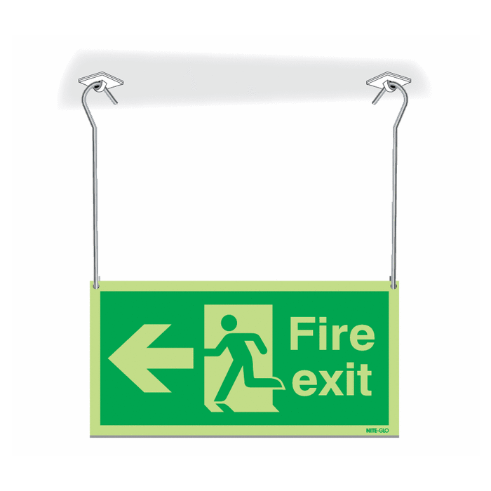 Photoluminescent Fire Exit Running Man Arrow Left Hanging Signs