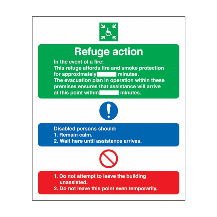 Refuge Action Multi Message Notice Signs are used for clearly identifying and highlighting the locations of the refuge points by using pictograms and text to ensure clear understanding to others the locations of the refuge points