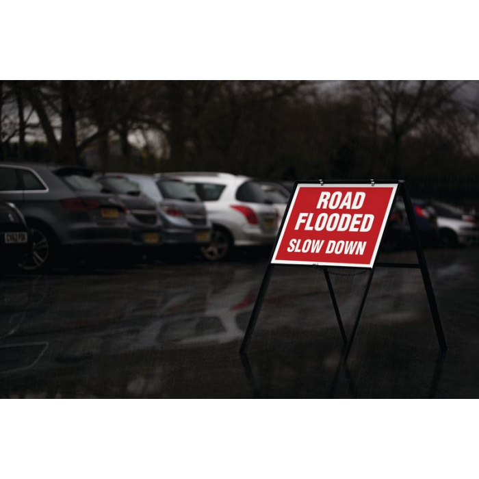 Road Flooded Slow Down Stanchion Sign