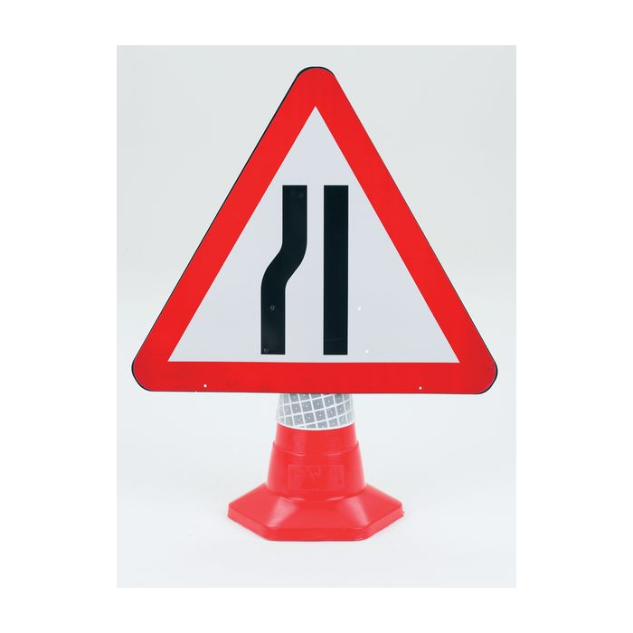 Road Narrows Ahead Traffic Sign For Traffic Cone