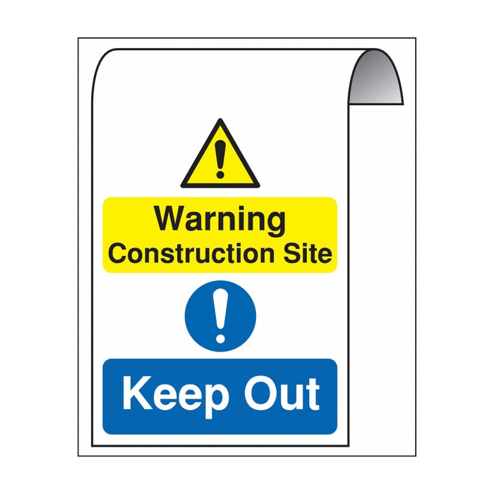 Warning Construction Site Keep Out Roll Top Signs, dual message warning and mandatory signs used for warning others of the construction site and instructing others to keep clear by conveying pictogram symbols and text for clear understanding