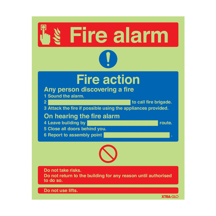 Xtra-Glo Fire Alarm Fire Action Aluminium Sign