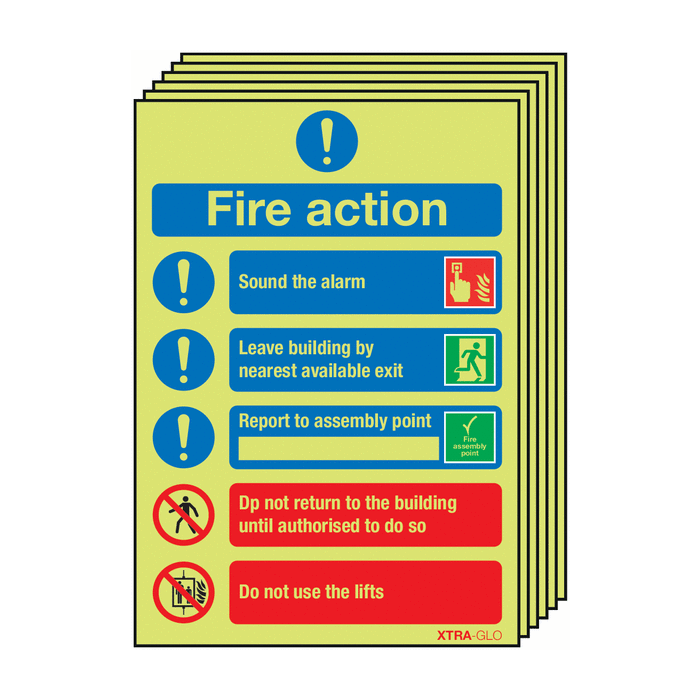 6-Pack Xtra-Glo Photoluminescent Fire Action Signs