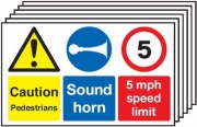 Caution Pedestrians Sound Horn 5 mph speed limit signs