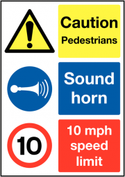 Caution Pedestrians Sound Horn 10mph Signs