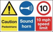 Caution Pedestrians Sound Horn 10 mph Signs