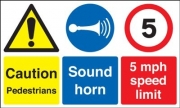 Caution Pedestrians Sound Horn 5 mph Signs