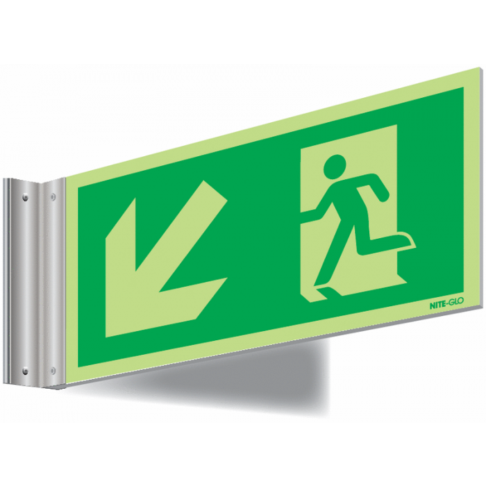 Photoluminescent Running Man Left & Arrow Diagonal Down Corridor Sign