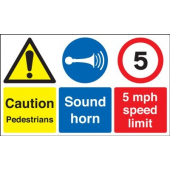 Caution Pedestrians Sound Horn 5 mph Sign