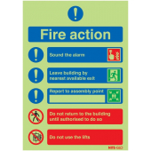 Nite-Glo Photo-luminescent Fire Action Signs are multi-message fire action message signs used for displaying around properties to provide guidance for people on the action they must take when they discover a fire and will glow in the dark